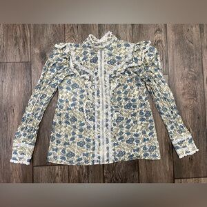 Andion Blue‎ Floral Lace Ruffle Blouse Top Size M